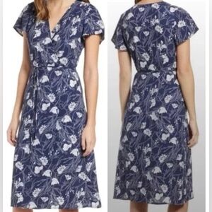 Leith Floral Flutter Sleeves Flowy Blue White True Wrap Midi Dress size S
